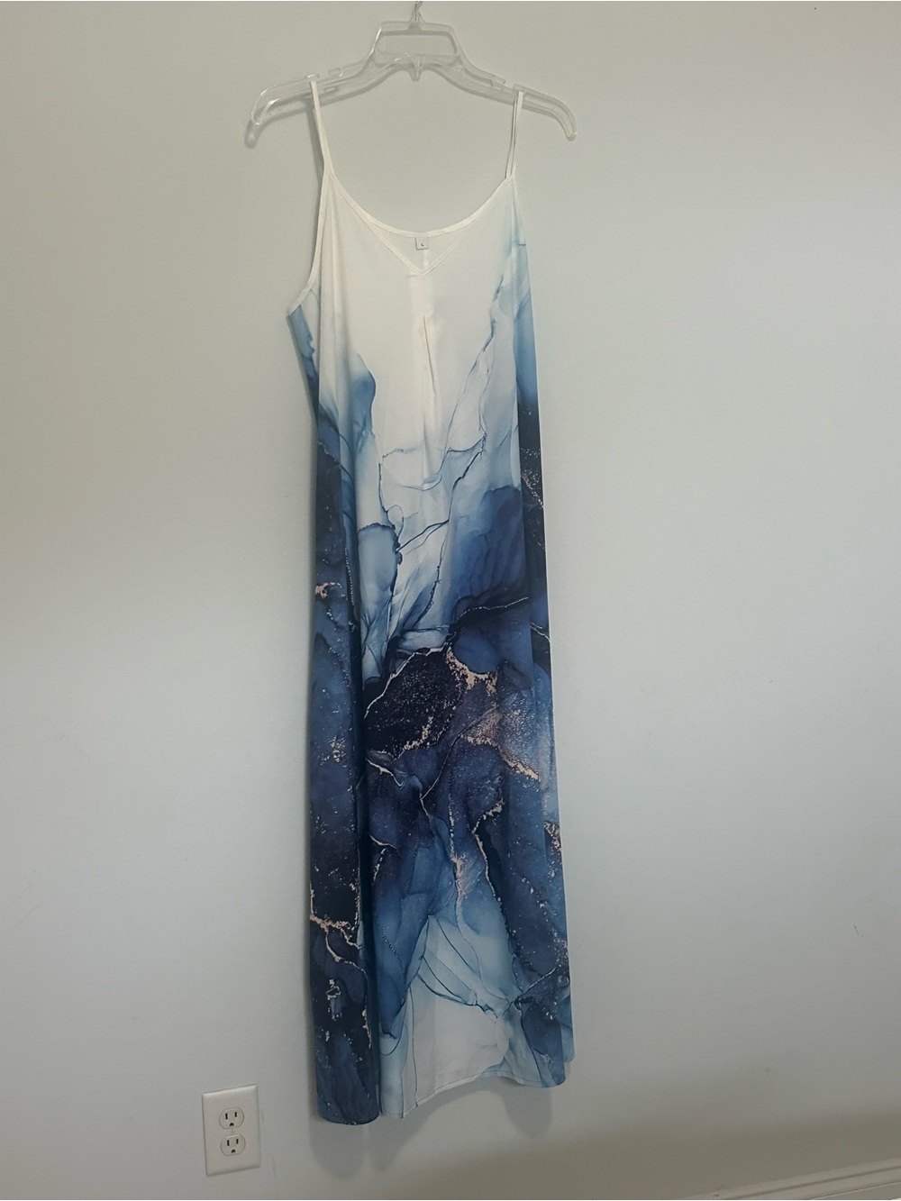 Blue Marble Print Slip Maxi Dress with Spaghetti Straps